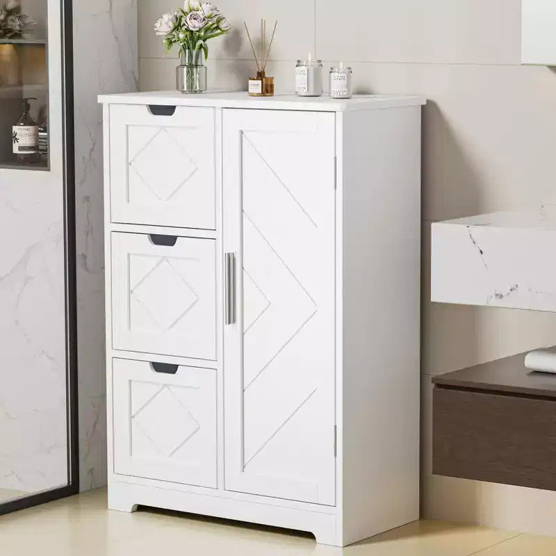 Meuble de rangement de salle de bain, meuble bas autoportant avec 3/4 tiroirs et 2 étagères réglables, blanc