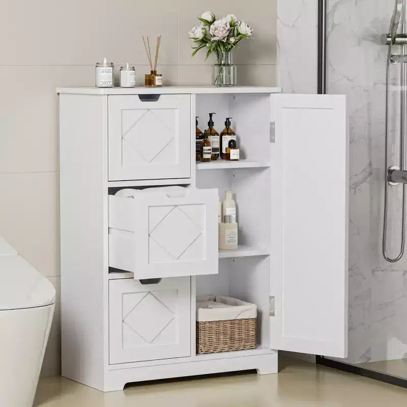 Meuble de rangement de salle de bain, meuble bas autoportant avec 3/4 tiroirs et 2 étagères réglables, blanc
