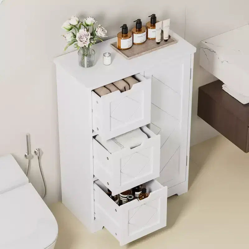 Meuble de rangement de salle de bain, meuble bas autoportant avec 3/4 tiroirs et 2 étagères réglables, blanc