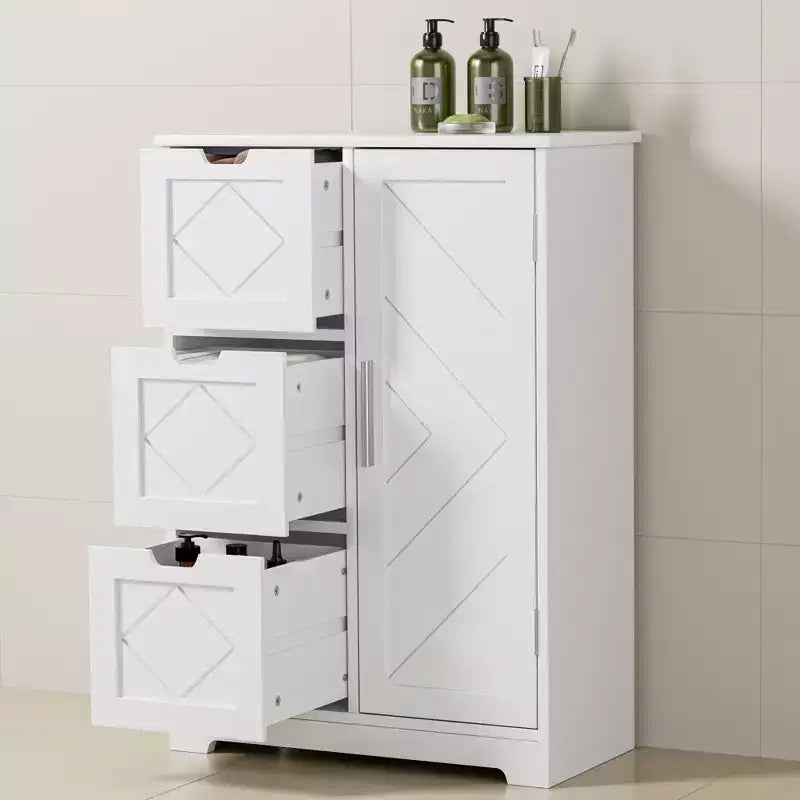 Meuble de rangement de salle de bain, meuble bas autoportant avec 3/4 tiroirs et 2 étagères réglables, blanc