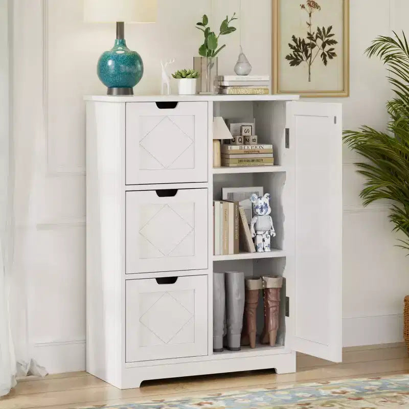 Meuble de rangement de salle de bain, meuble bas autoportant avec 3/4 tiroirs et 2 étagères réglables, blanc