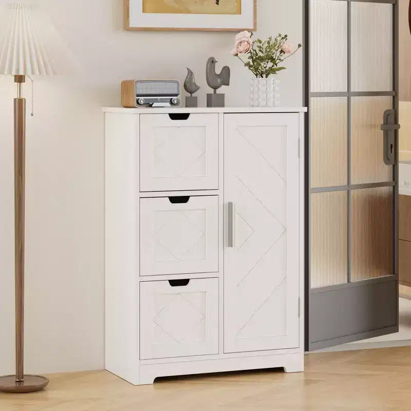 Meuble de rangement de salle de bain, meuble bas autoportant avec 3/4 tiroirs et 2 étagères réglables, blanc