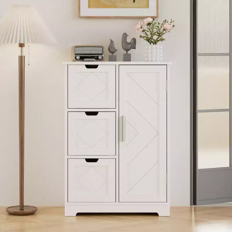 Meuble de rangement de salle de bain, meuble bas autoportant avec 3/4 tiroirs et 2 étagères réglables, blanc