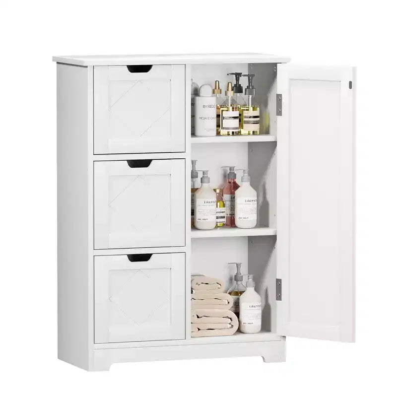 Meuble de rangement de salle de bain, meuble bas autoportant avec 3/4 tiroirs et 2 étagères réglables, blanc