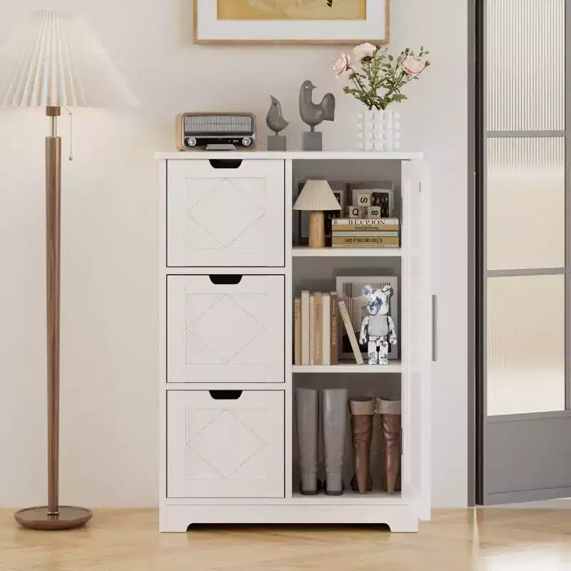 Meuble de rangement de salle de bain, meuble bas autoportant avec 3/4 tiroirs et 2 étagères réglables, blanc