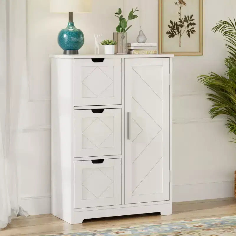 Meuble de rangement de salle de bain, meuble bas autoportant avec 3/4 tiroirs et 2 étagères réglables, blanc