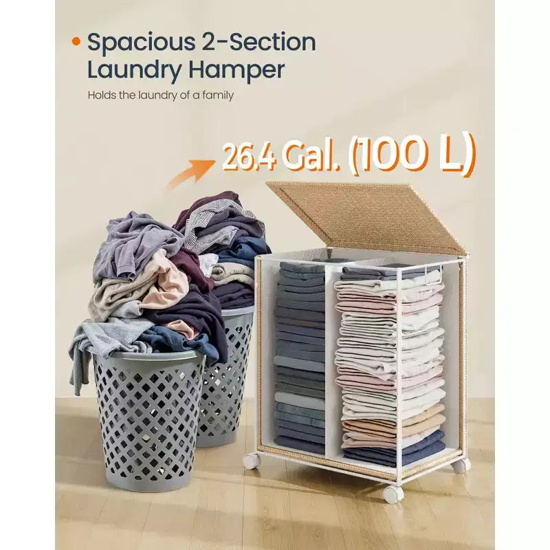 Panier à Linge Roulant à 2 Compartiments, Capacité 100L, Style Rotin avec Couvercle, Doublure Amovible et Lavable, Beige Naturel et Blanc Mat