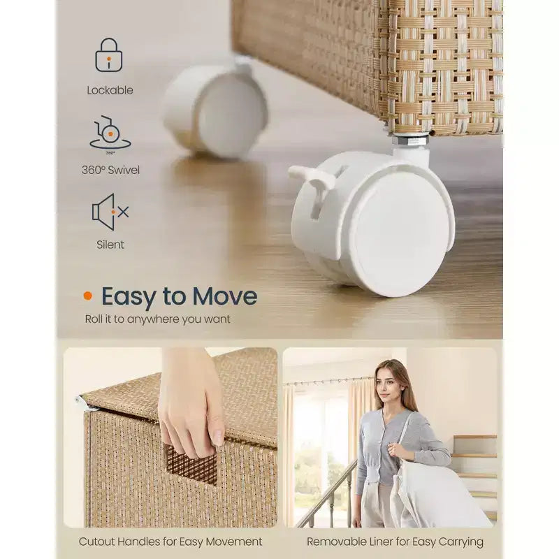 Panier à Linge Roulant à 2 Compartiments, Capacité 100L, Style Rotin avec Couvercle, Doublure Amovible et Lavable, Beige Naturel et Blanc Mat