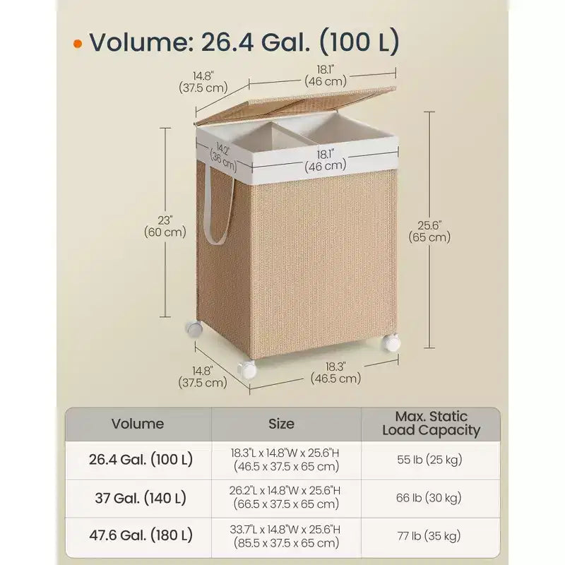 Panier à Linge Roulant à 2 Compartiments, Capacité 100L, Style Rotin avec Couvercle, Doublure Amovible et Lavable, Beige Naturel et Blanc Mat