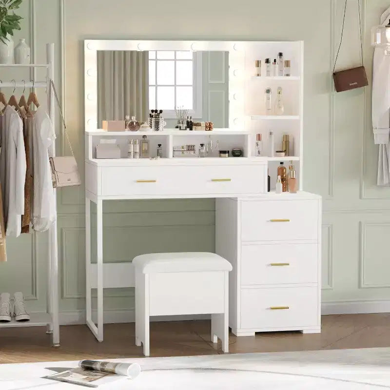 Vanity Desk Table with Chair, Mirror and 3 Modes Adjustable Brightness Lights, Makeup Vanity