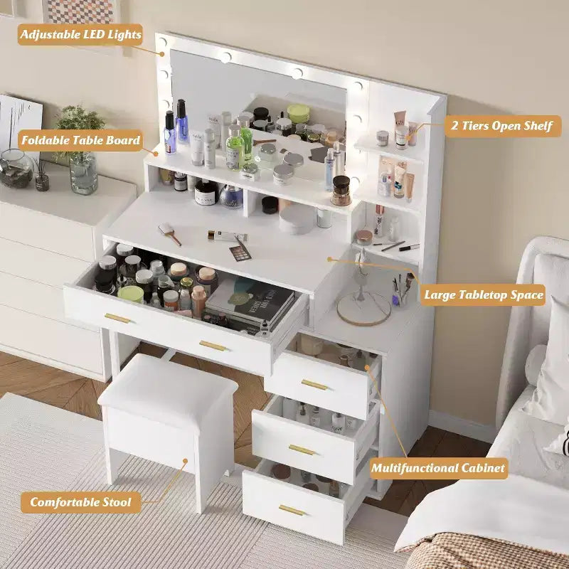Table de toilette avec chaise, miroir et lumières réglables sur 3 modes de luminosité, Coiffeuse de maquillage