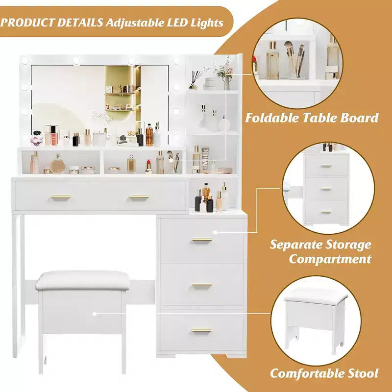 Table de toilette avec chaise, miroir et lumières réglables sur 3 modes de luminosité, Coiffeuse de maquillage