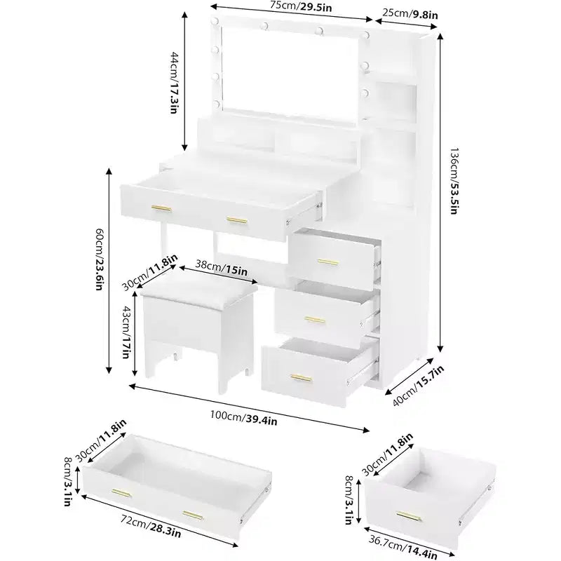 Table de toilette avec chaise, miroir et lumières réglables sur 3 modes de luminosité, Coiffeuse de maquillage