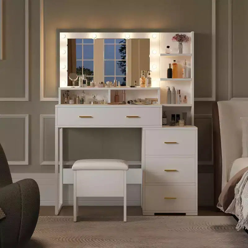 Table de toilette avec chaise, miroir et lumières réglables sur 3 modes de luminosité, Coiffeuse de maquillage