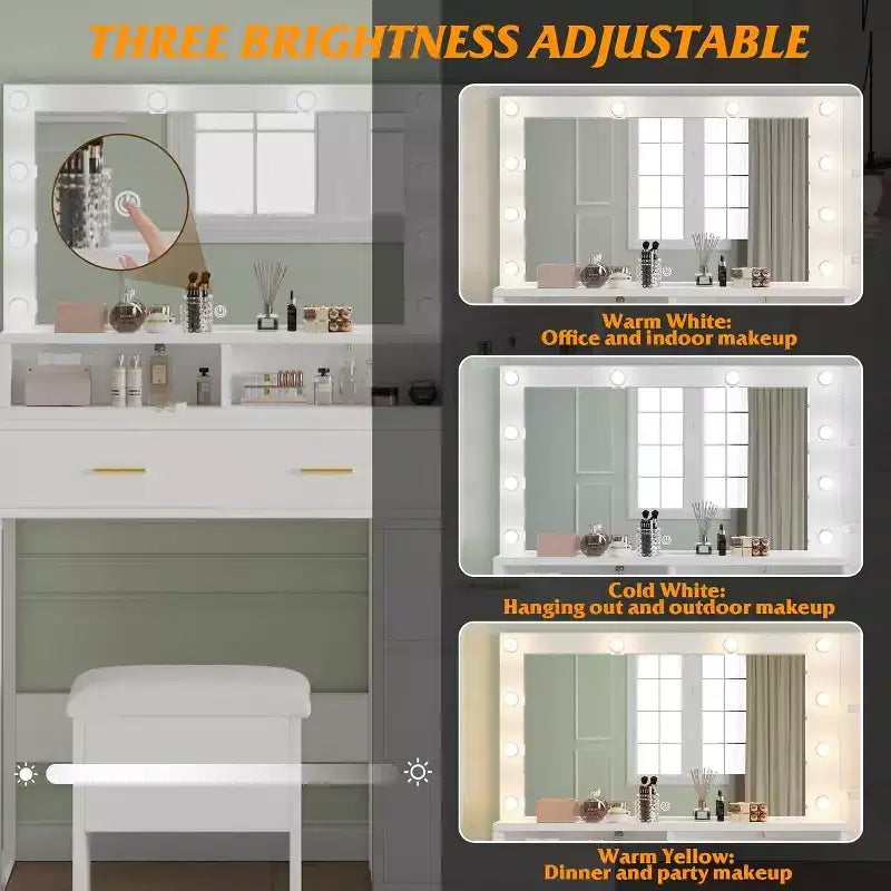 Table de toilette avec chaise, miroir et lumières réglables sur 3 modes de luminosité, Coiffeuse de maquillage
