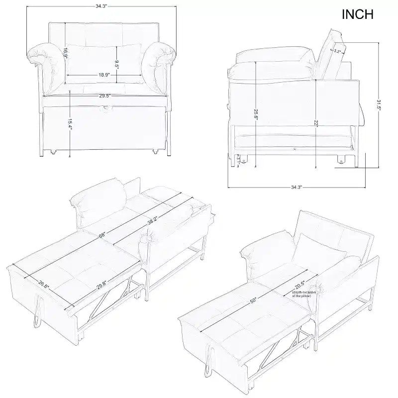 34.3 Fauteuil de lit convertible en velours avec dossier réglable à 3 positions