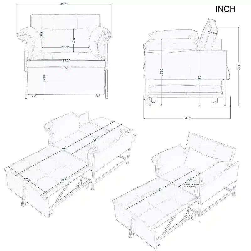 34.3 Fauteuil de lit convertible en velours avec dossier réglable à 3 positions