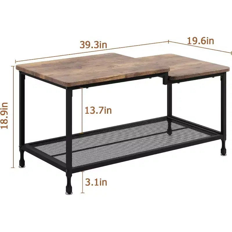 Table basse rectangulaire moderne du milieu du siècle avec cannelures de 42,5 po, tiroirs, étagères ouvertes et finition en bois clair, montage facile