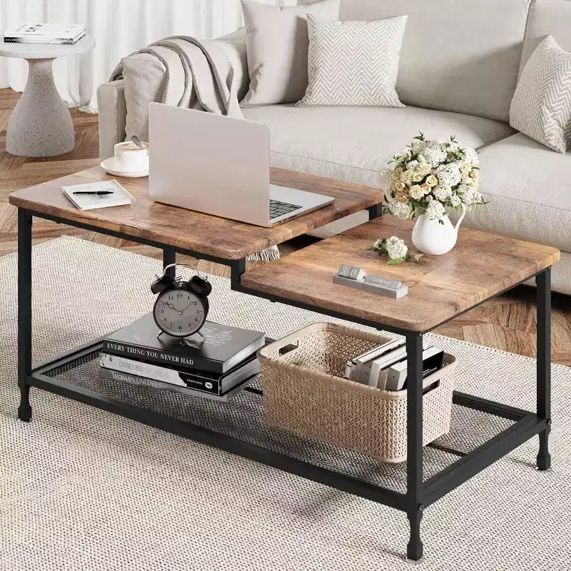 Table basse rectangulaire moderne du milieu du siècle avec cannelures de 42,5 po, tiroirs, étagères ouvertes et finition en bois clair, montage facile