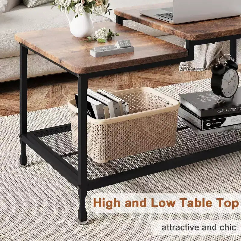 Table basse rectangulaire moderne du milieu du siècle avec cannelures de 42,5 po, tiroirs, étagères ouvertes et finition en bois clair, montage facile