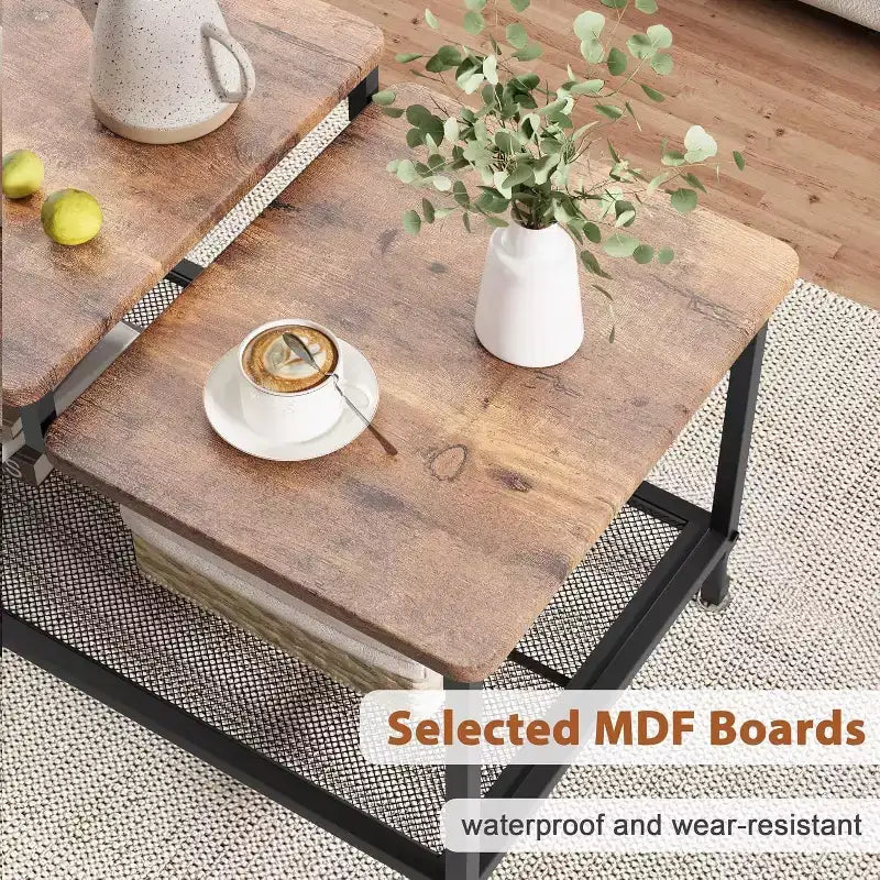 Table basse rectangulaire moderne du milieu du siècle avec cannelures de 42,5 po, tiroirs, étagères ouvertes et finition en bois clair, montage facile