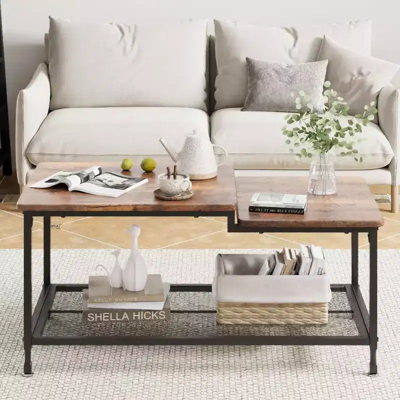Table basse rectangulaire moderne du milieu du siècle avec cannelures de 42,5 po, tiroirs, étagères ouvertes et finition en bois clair, montage facile
