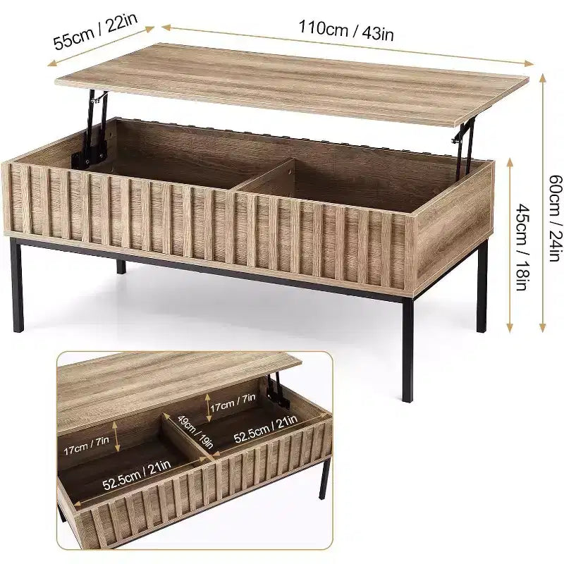 Table basse rectangulaire moderne du milieu du siècle avec cannelures de 42,5 po, tiroirs, étagères ouvertes et finition en bois clair, montage facile