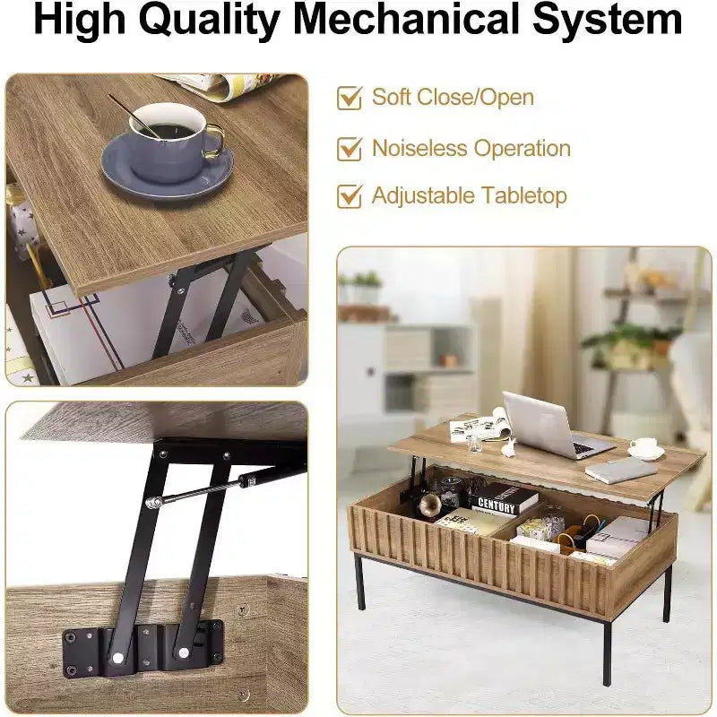 Table basse rectangulaire moderne du milieu du siècle avec cannelures de 42,5 po, tiroirs, étagères ouvertes et finition en bois clair, montage facile