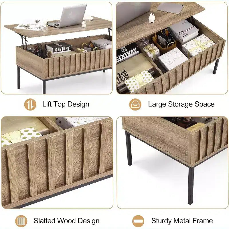Table basse rectangulaire moderne du milieu du siècle avec cannelures de 42,5 po, tiroirs, étagères ouvertes et finition en bois clair, montage facile