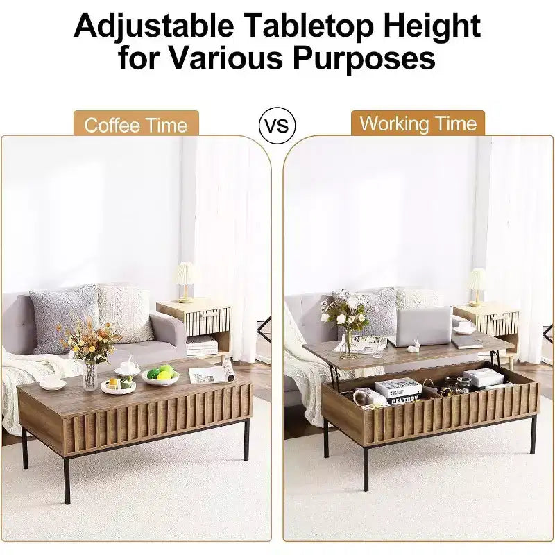 Table basse rectangulaire moderne du milieu du siècle avec cannelures de 42,5 po, tiroirs, étagères ouvertes et finition en bois clair, montage facile