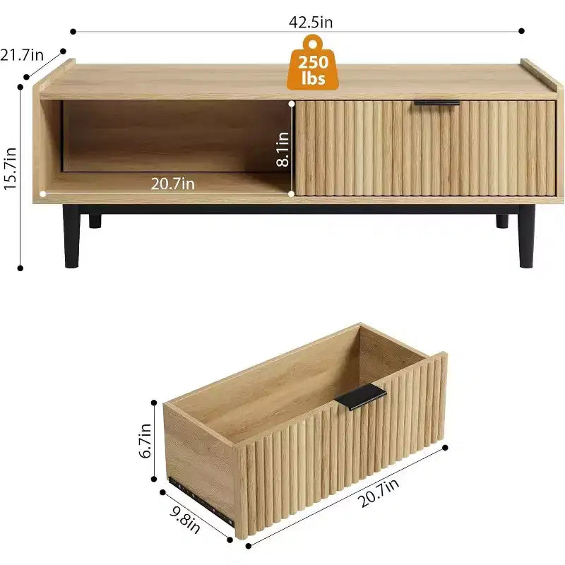 Table basse rectangulaire moderne du milieu du siècle avec cannelures de 42,5 po, tiroirs, étagères ouvertes et finition en bois clair, montage facile