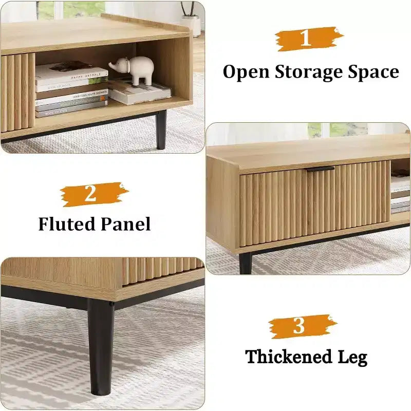 Table basse rectangulaire moderne du milieu du siècle avec cannelures de 42,5 po, tiroirs, étagères ouvertes et finition en bois clair, montage facile