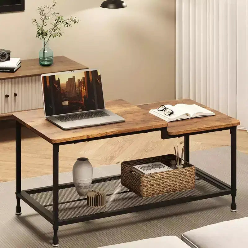 Table basse rectangulaire moderne du milieu du siècle avec cannelures de 42,5 po, tiroirs, étagères ouvertes et finition en bois clair, montage facile