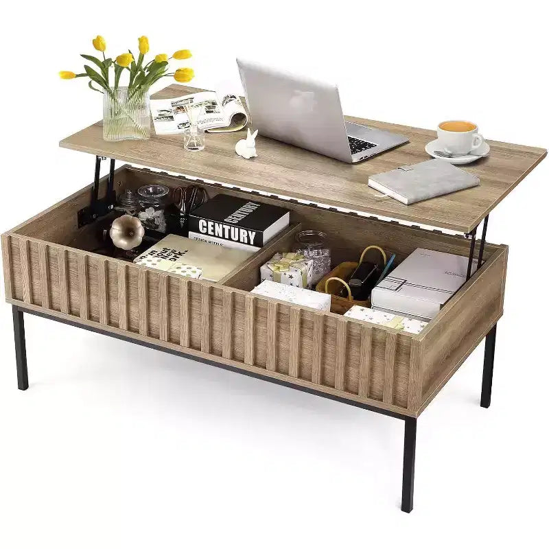 Table basse rectangulaire moderne du milieu du siècle avec cannelures de 42,5 po, tiroirs, étagères ouvertes et finition en bois clair, montage facile