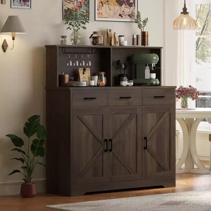 Farmhouse Sideboard Buffet Cabinet with Microwave Stand  Barn Doors, Drawers & Shelves