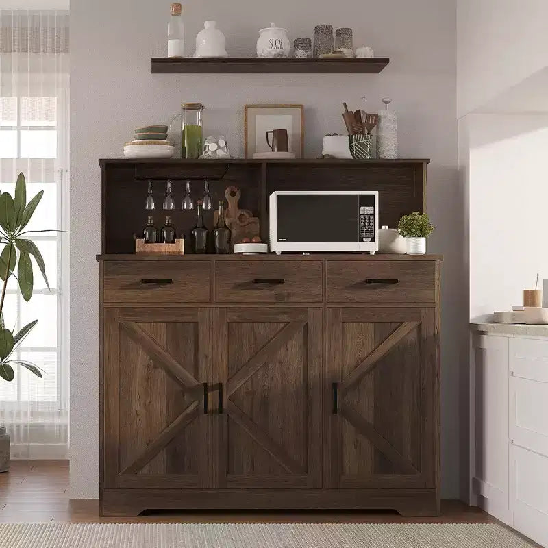 Buffet de ferme avec support à micro-ondes, portes coulissantes de grange, tiroirs et étagères