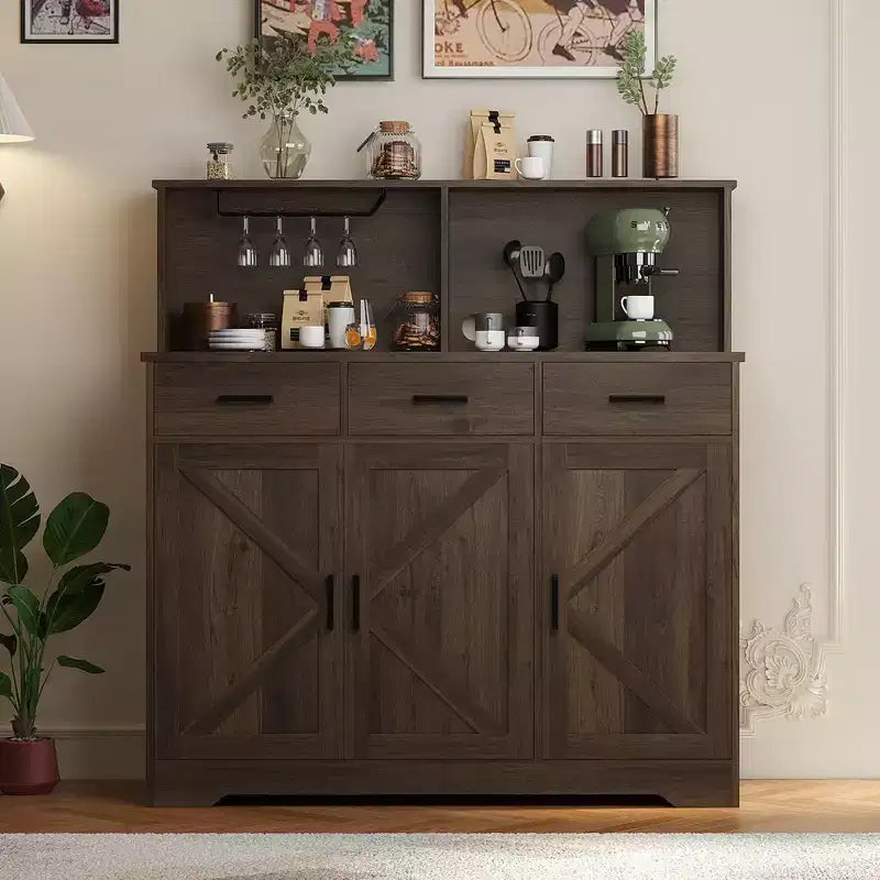 Buffet de ferme avec support à micro-ondes, portes coulissantes de grange, tiroirs et étagères