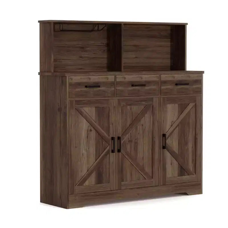 Buffet de ferme avec support à micro-ondes, portes coulissantes de grange, tiroirs et étagères