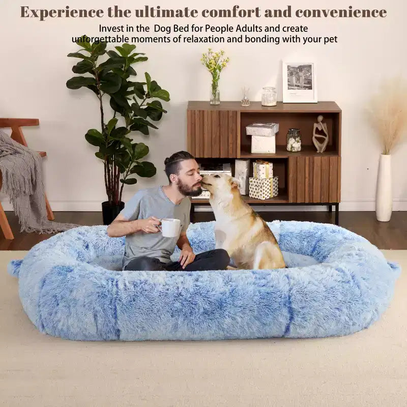 Lit Géant pour Humain, 180 cm, en Fausse Fourrure, Couchage Doux et Lavable avec Poignée et Housse Amovible, Lit Orthopédique pour Chien Humain