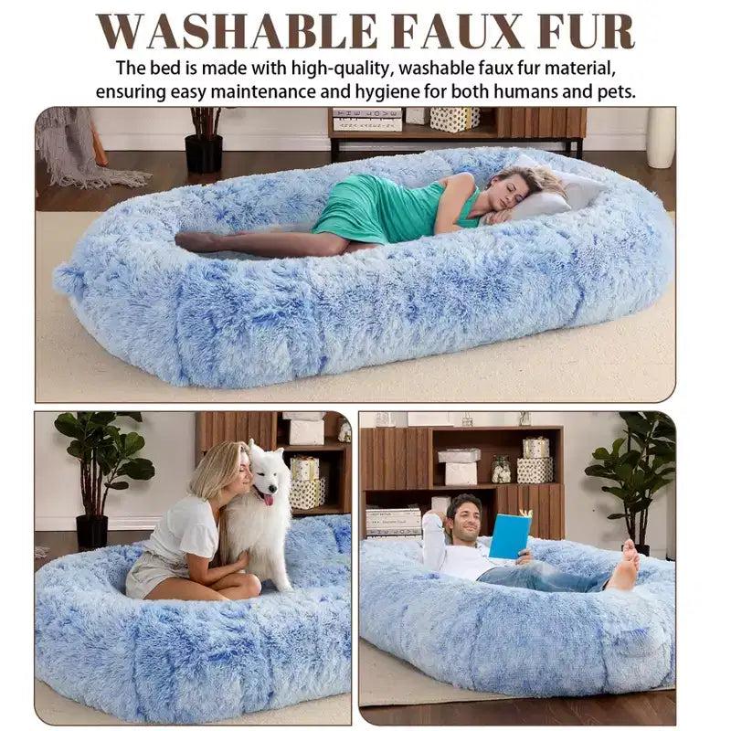 Lit Géant pour Humain, 180 cm, en Fausse Fourrure, Couchage Doux et Lavable avec Poignée et Housse Amovible, Lit Orthopédique pour Chien Humain