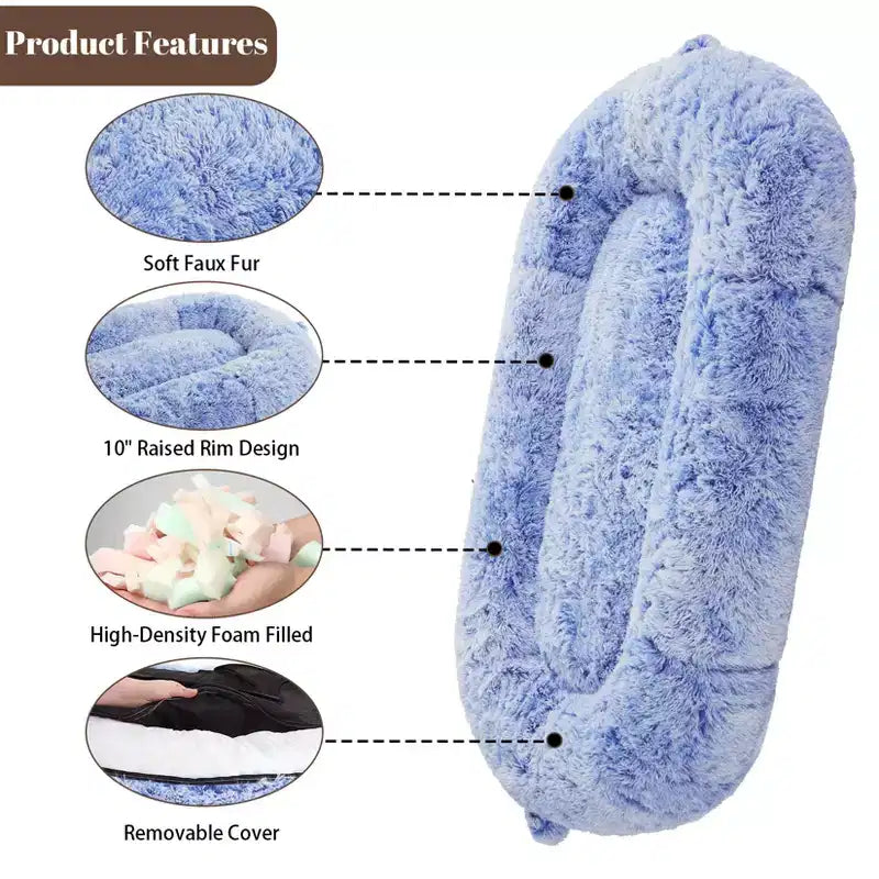 Lit Géant pour Humain, 180 cm, en Fausse Fourrure, Couchage Doux et Lavable avec Poignée et Housse Amovible, Lit Orthopédique pour Chien Humain