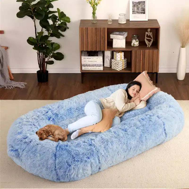 Lit Géant pour Humain, 180 cm, en Fausse Fourrure, Couchage Doux et Lavable avec Poignée et Housse Amovible, Lit Orthopédique pour Chien Humain
