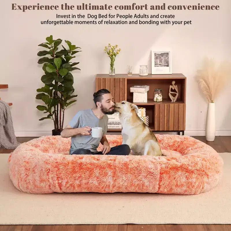 Lit Géant pour Humain, 180 cm, en Fausse Fourrure, Couchage Doux et Lavable avec Poignée et Housse Amovible, Lit Orthopédique pour Chien Humain