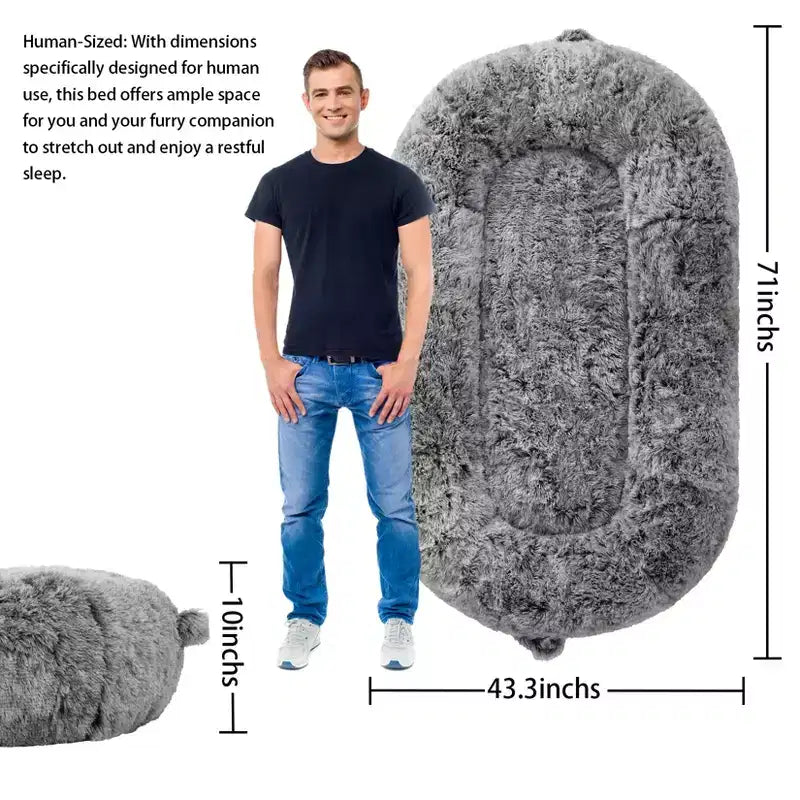 Lit Géant pour Humain, 180 cm, en Fausse Fourrure, Couchage Doux et Lavable avec Poignée et Housse Amovible, Lit Orthopédique pour Chien Humain