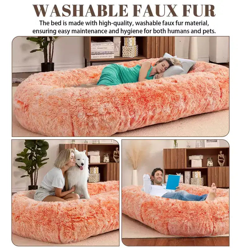 Lit Géant pour Humain, 180 cm, en Fausse Fourrure, Couchage Doux et Lavable avec Poignée et Housse Amovible, Lit Orthopédique pour Chien Humain