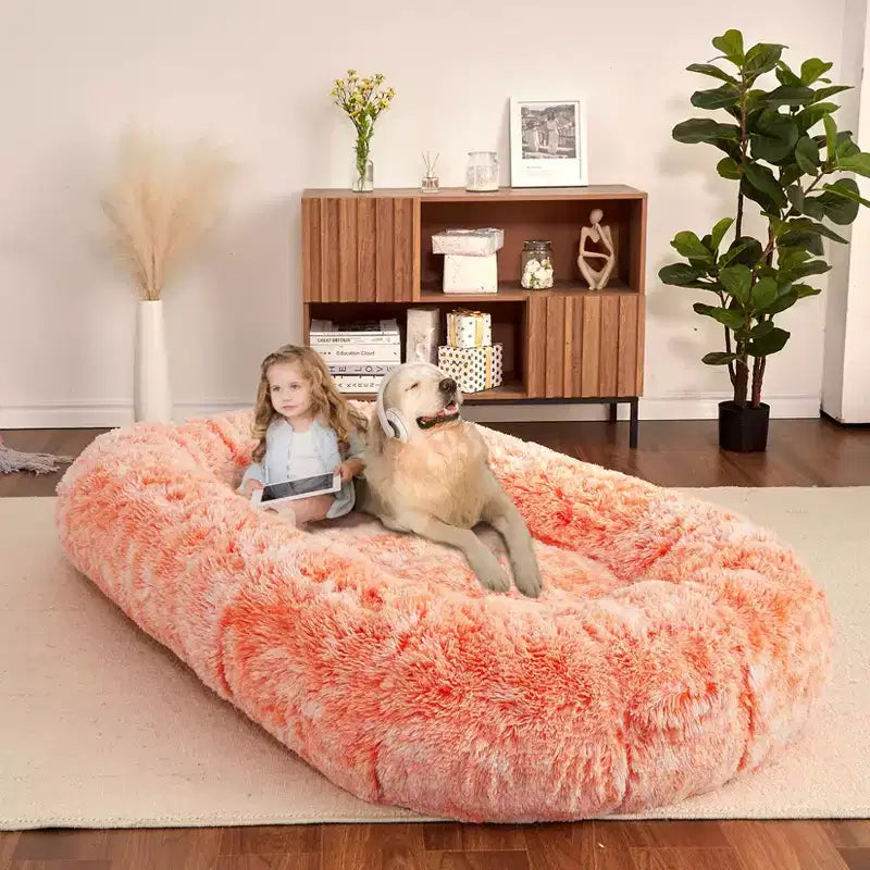Lit Géant pour Humain, 180 cm, en Fausse Fourrure, Couchage Doux et Lavable avec Poignée et Housse Amovible, Lit Orthopédique pour Chien Humain