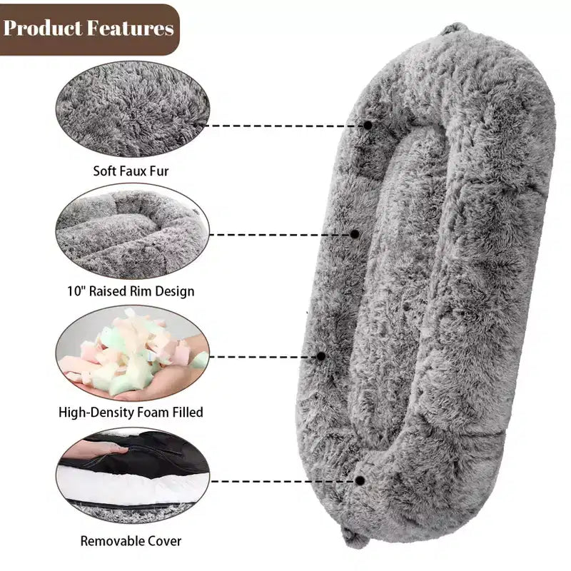 Lit Géant pour Humain, 180 cm, en Fausse Fourrure, Couchage Doux et Lavable avec Poignée et Housse Amovible, Lit Orthopédique pour Chien Humain