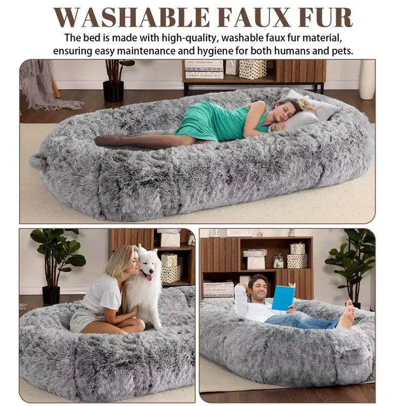 Lit Géant pour Humain, 180 cm, en Fausse Fourrure, Couchage Doux et Lavable avec Poignée et Housse Amovible, Lit Orthopédique pour Chien Humain