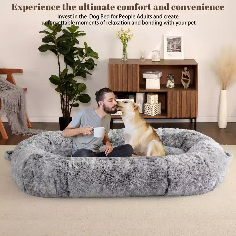 Lit Géant pour Humain, 180 cm, en Fausse Fourrure, Couchage Doux et Lavable avec Poignée et Housse Amovible, Lit Orthopédique pour Chien Humain