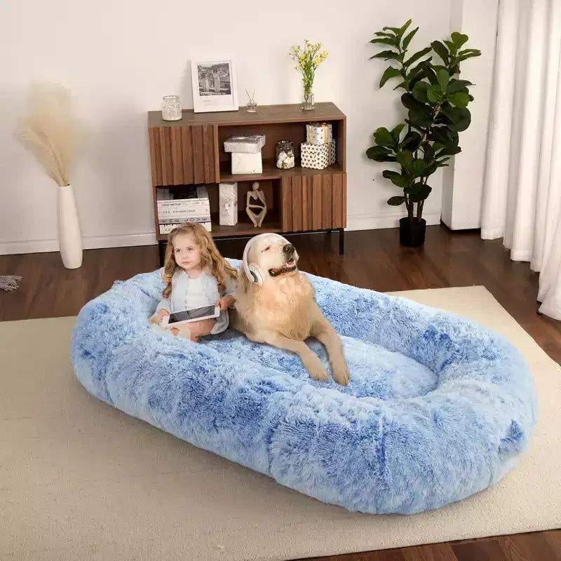 Lit Géant pour Humain, 180 cm, en Fausse Fourrure, Couchage Doux et Lavable avec Poignée et Housse Amovible, Lit Orthopédique pour Chien Humain